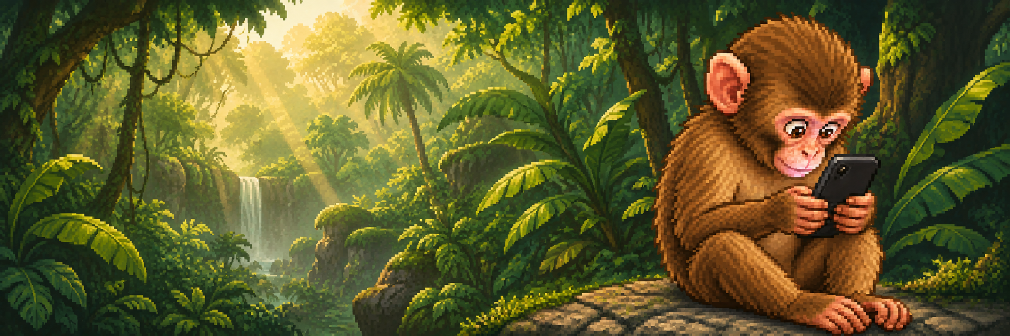 Pixel ape in a lush jungle